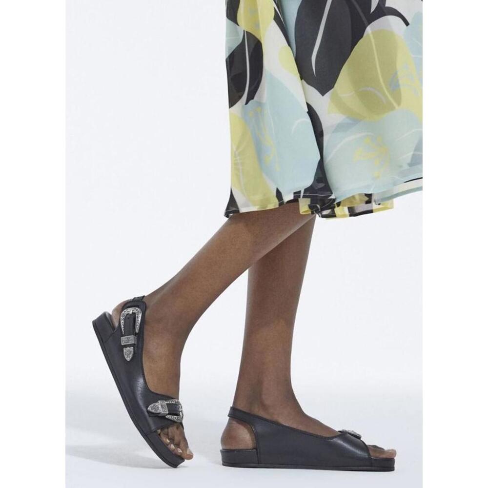 The Kooples FLAT BLACK LEATHER SANDALS WITH WESTERN DETAILS Size 37